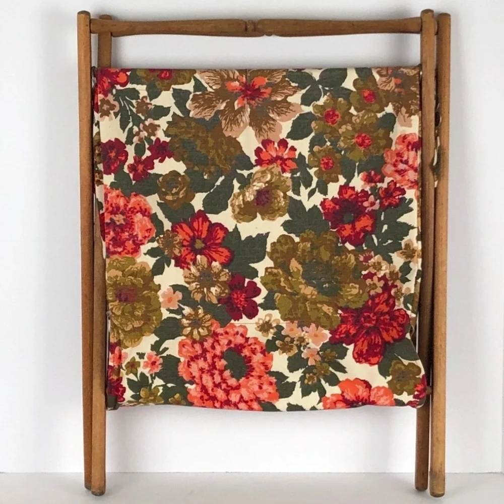 VTG Floral Tapestry Folding Knitting Yarn Basket Wooden Magazine Rack MCM Red EC